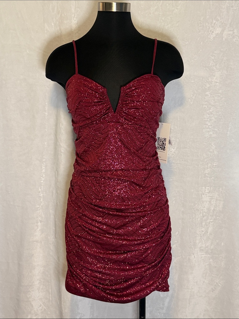 Sparkle Ruched Burgundy Spaghetti-Strap Dress